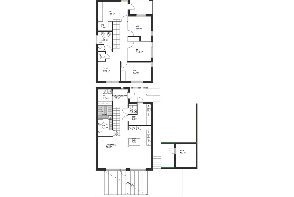 Kaksikerroksinen talo: Yksilöllisen kaksikerroksisen talon pohjapiirrustus.