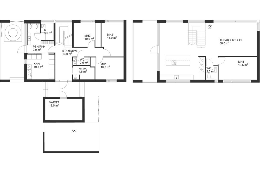 Arkkitehdin suunnittelema koti: Omakotitalossa olekelutilat on sijoitettu yläkertaan.