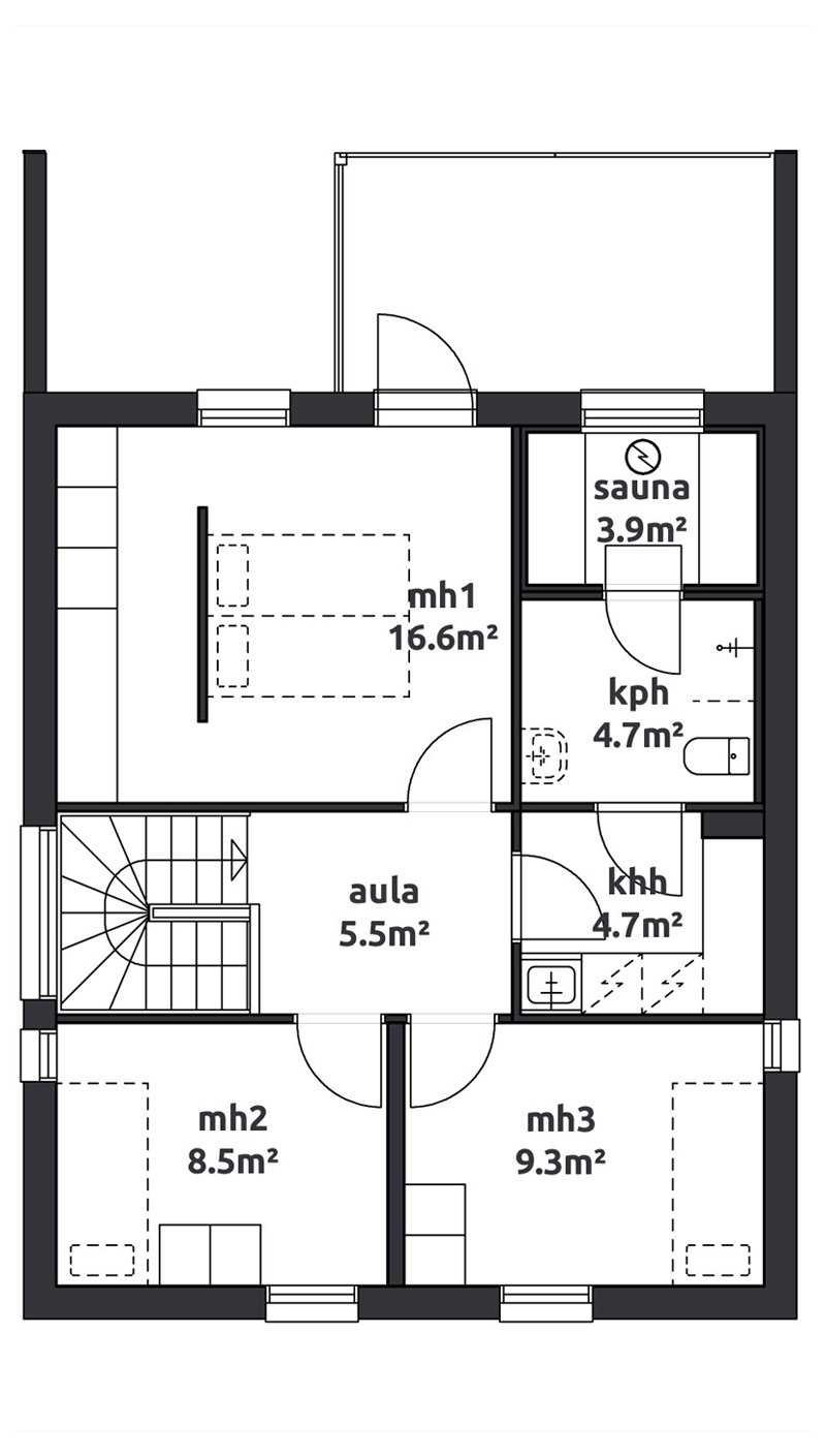 Yläkerrassa kolme makuuhuonetta. Päämakuuhuoneesta kulku parvekkeelle. Yläkerrassa kulku kodinhoitohuoneen kautta saunatiloihin. Talomallin huoneistoala on 115 neliötä.