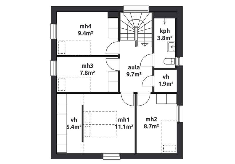 Kaksikerroksinen omakotitalo. Yläkerrassa neljä makuuhuonetta. Vanhempien makuuhuoneen yhteydessä käytännöllinen vaatehuone. Aulasta kulku erilliseen vaatehuoneeseen ja kylpyhuoneeseen. Talomallin huoneistoala on 118 neliötä.