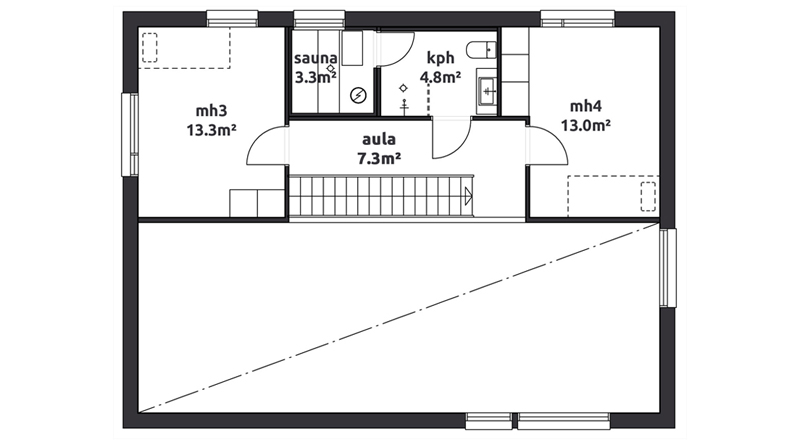 Kaksikerroksinen omakotitalo. Yläkerrassa omassa rauhassaan on kaksi makuuhuonetta ja saunaosasto. Talomallin huoneistoala on 141 neliötä.