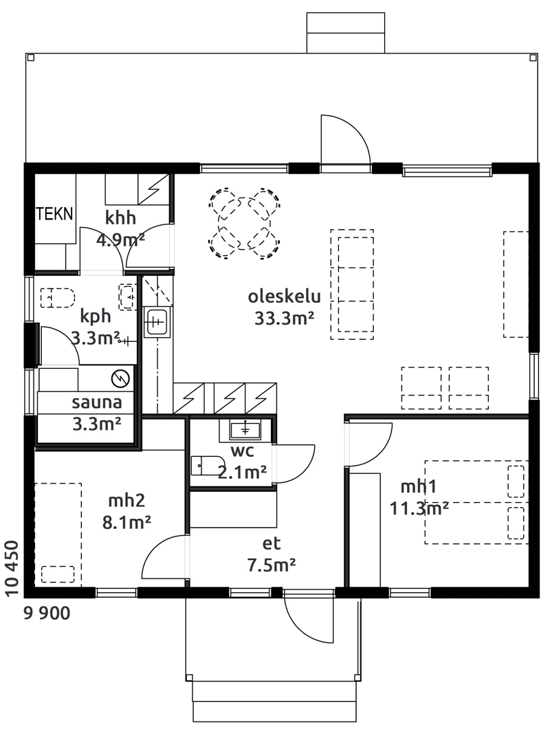 Yksikerroksinen hirsitalo pienemmälle tilan tarpeelle. Talossa on kaksi makuuhuonetta ja yhtenäinen oleskelutila. Talomallin huoneistoala on 76 neliötä.