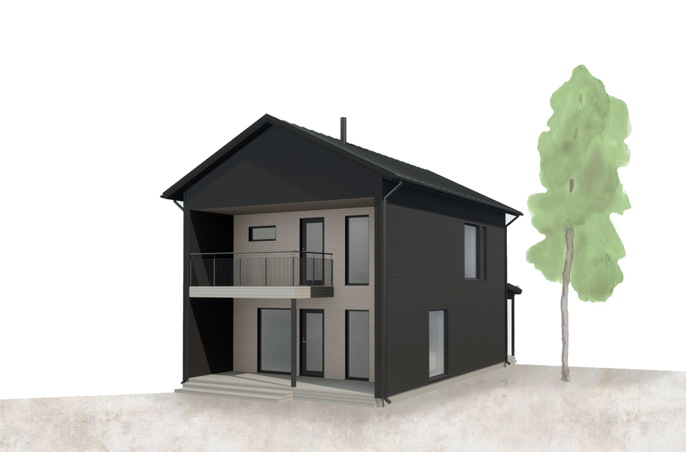 Omakotitalon rakentaminen hinta - hinnasto, tummassa puutalossa on talon päädyssä puunsävyinen terassi.